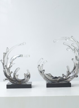 现代简约透明艺术雕塑蓝色浪x花太湖石摆件酒店大堂玄关招财装饰