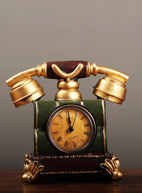 创意复古电话机钟表摆件个性钟表 欧式客厅电视机柜装饰时钟摆设