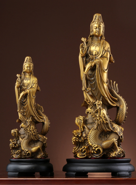 乘龙观音菩萨佛像供奉家用居家客厅大号中式装饰纯铜观世音摆件