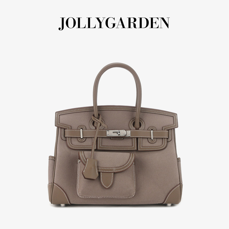 JOLLY GARDEN【渡风】新款牛皮拼帆布铂金包通勤大容量手提斜挎包,淘宝优惠券,粉丝福利购,淘宝优惠卷