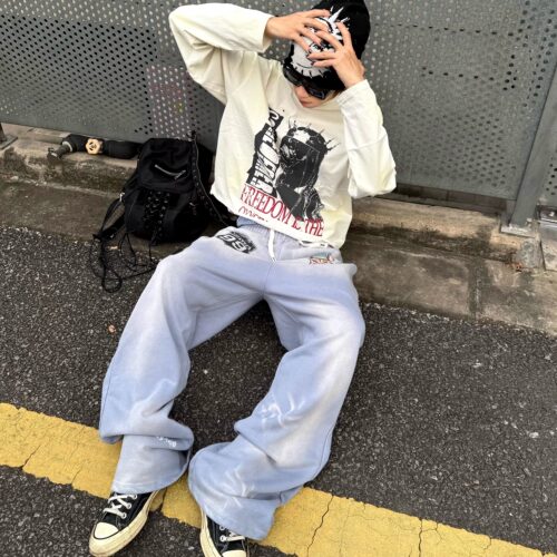 Vcatecx重磅410g微喇直筒印花休闲裤做旧慵懒卫裤美式长裤男女潮 - 图1