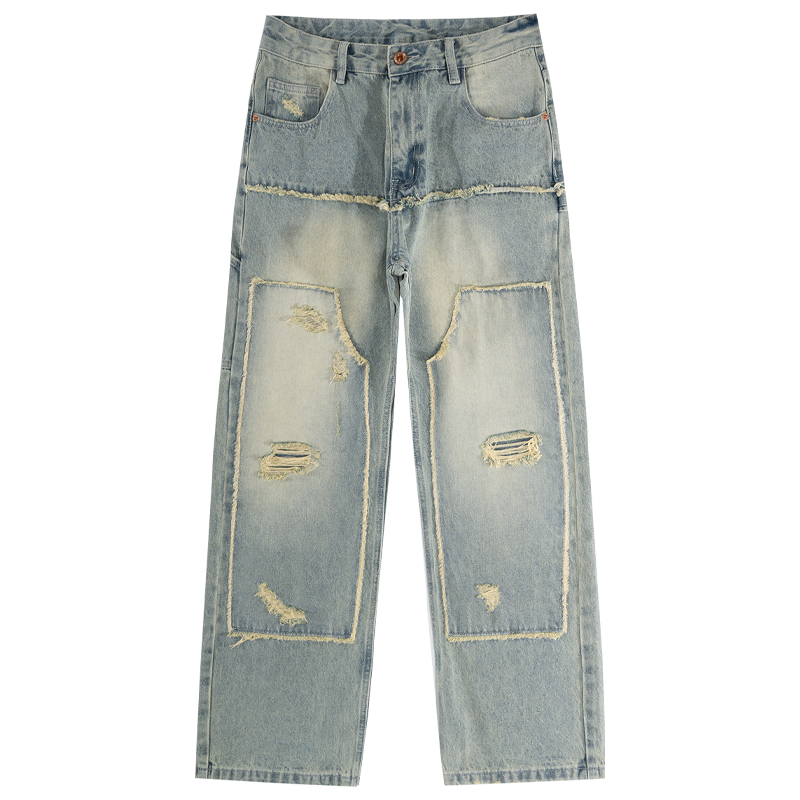 BAIRBAOLIY街头个性毛边拼接破洞美式牛仔裤设计感宽松直筒长裤男,淘宝优惠券,粉丝福利购,淘宝优惠卷