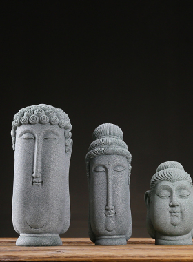 新中式创意青砂石佛头大如来摆件家居客厅水族鱼缸造景桌面装饰品