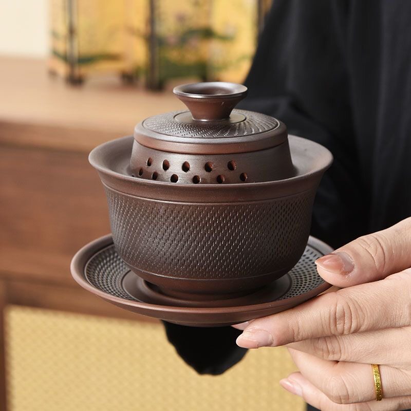 She De purple pottery Han tile jumping knife Sancai covered tea bowl Kungfu tea set tea set hand-grip anti-scald tea cup