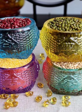 五谷丰登缸摆件米缸琉璃粉紫黄客厅办公室水晶装饰品开业乔迁礼品