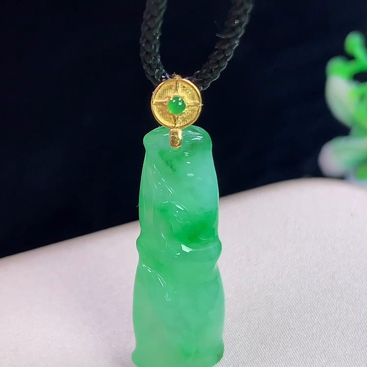 缅甸翡翠镶金玉吊坠天然玉石A货18K金镶嵌冰种飘绿礼物收藏1203 - 图1
