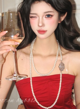 法式珍珠长款项链女款多层叠戴