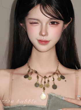 波西米亚古着金色钱币流苏项链女