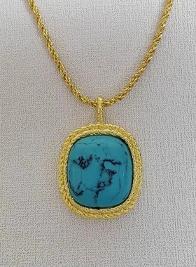 方形中古蓝松石项链镶嵌简约欧美复古粉晶石青金石秋冬长款毛衣链