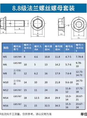 8.8级法兰螺丝螺母套装外六角带垫法兰面防滑螺栓大全m5m6m8m10L