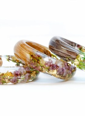 森林粉色石南花戒指,木质自然结婚戒指,曲木树脂