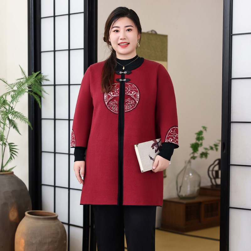 新款国风开衫新中式外套洋气绣花妈妈春季2025大码女装中长款上衣 - 图2