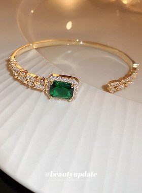 方形锆石祖母绿开口手镯轻奢气质个性手环小众百搭高级感手饰