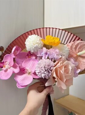 新款森系韩式手婚礼高级复古成品折扇手捧花扇晨袍拍照新中式diy