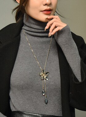 2022镶水晶毛衣链女马眼花朵长款项链韩版时尚气质衣服配饰潮