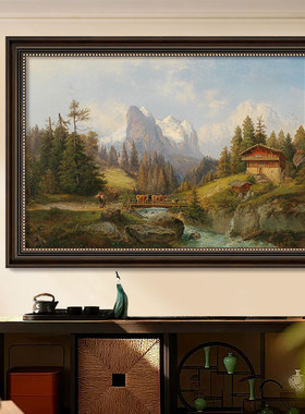 雪山风景背有靠山欧式中古风油画