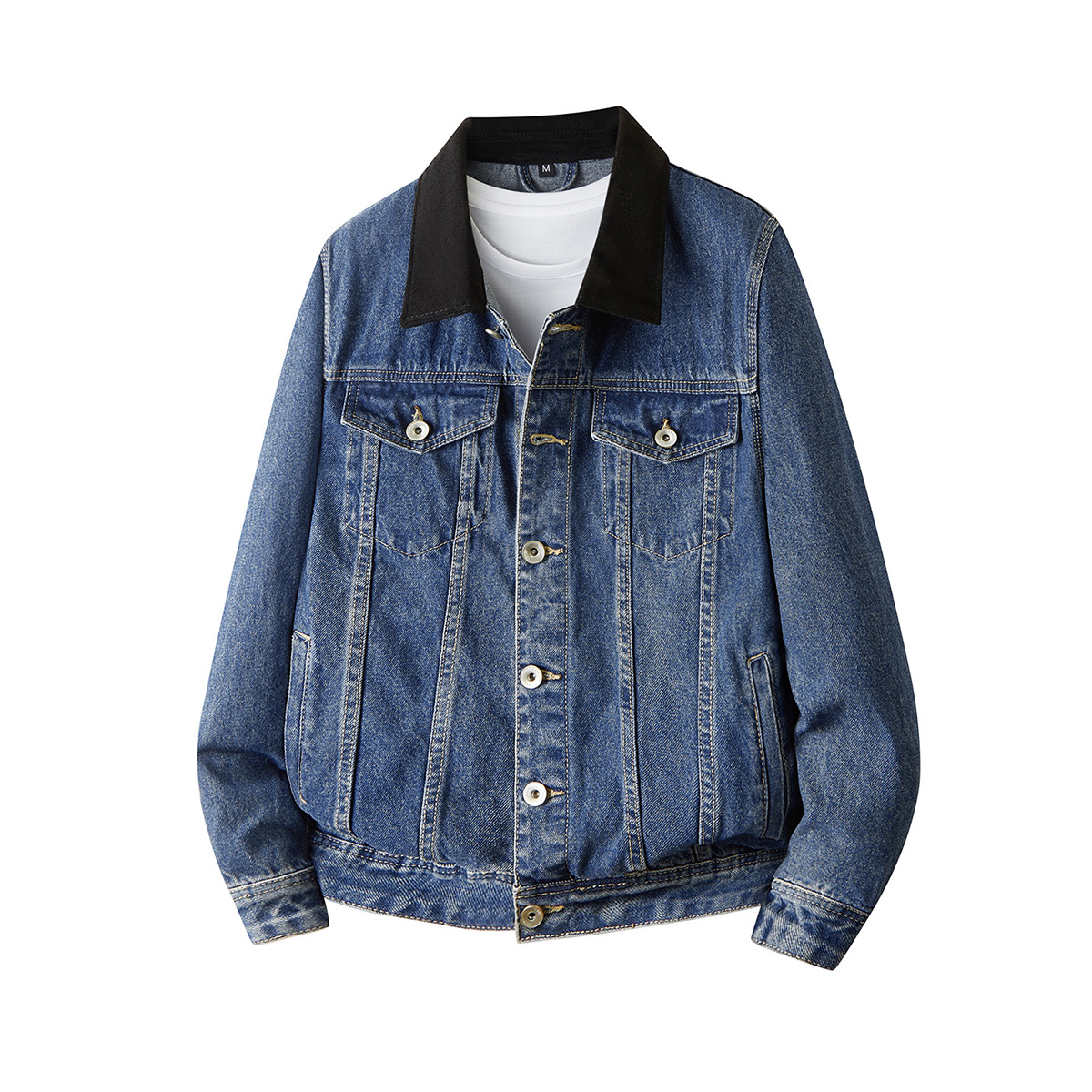 美式复古做旧水洗撞色拼接翻领牛仔外套新款潮牌高级感男款夹克 - 图0