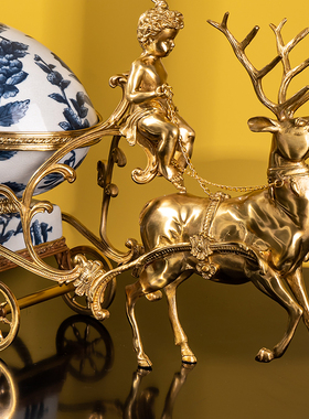 欧式客厅纯铜马鹿拉车奢华摆设 美式家居壁炉玄关酒柜装饰品摆件