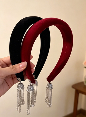 新中式黑色丝绒流苏发箍百搭