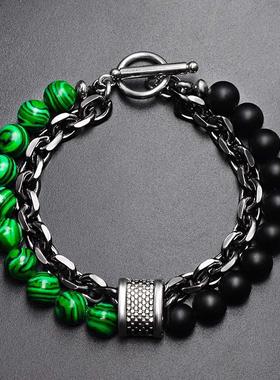 欧美磨砂地图石男士手链 串珠金属手串 饰品珠宝跨境电商货源