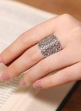 复古镂空花戒指女简约创意文艺宽面雕花指环开口饰品厂家直销