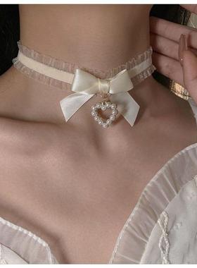 网红纯欲风可爱Lolita黑色酒红蝴蝶结爱心项圈项链choker锁骨链女