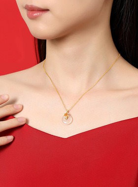 S925纯银小幸运平安扣项链女新中式轻奢白玉髓银杏叶锁骨链送礼物