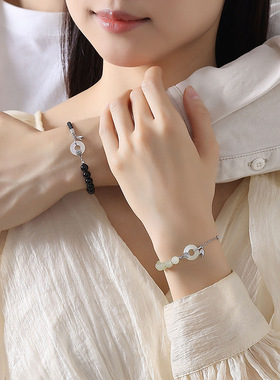 S925纯银竹节平安扣情侣手链新中式国潮玛瑙/和田玉串珠手饰礼物