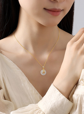 S925纯银铜钱平安扣项链女新中式轻奢高级感白玉髓项饰送闺蜜礼物