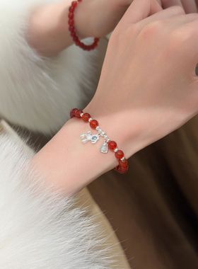 S925纯银红玛瑙马上有钱手串女新中式平安喜乐小马手饰送生日礼物