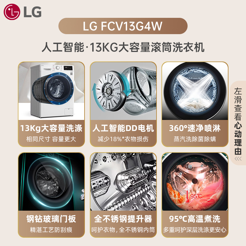 【国家补贴20%】LG容慧13kg大容量全自动滚筒洗衣机FCV13G4W除菌Y - 图0