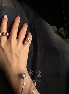 半觉炫彩双珠珍珠戒指