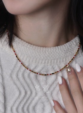 半觉新年快乐闪闪精致特选红水晶白珍珠纯银细闪超百搭叠戴项链