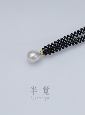 半觉黑色尖晶石手工编织chocker极光水滴珍珠吊坠纯银项链