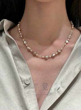 半觉本色极光莫奈糖果keshi圆珠银管银球纯银设计叠戴款珍珠项链