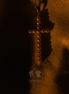 半觉正念手工镶嵌珍珠十字架18K厚金镀金S925银吊坠 礼物可开票