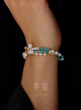 绿松4/4.5mm极光纯银磁铁新款多层手链项链款正圆几乎无暇