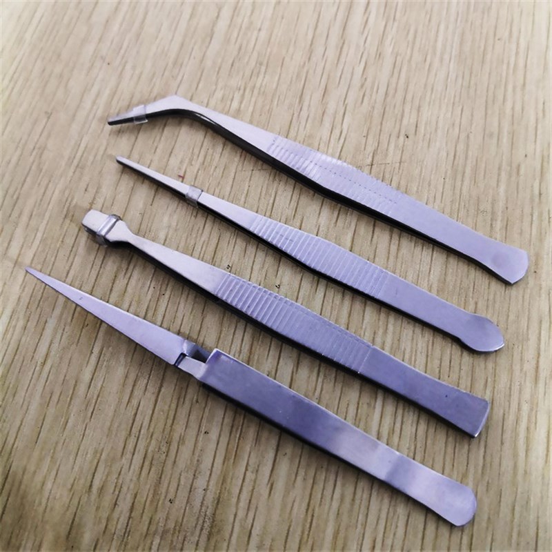 极速不锈钢镊子四件l套装 交叉反作用 宽头邮票尖头鸟头镊子钳工 - 图1