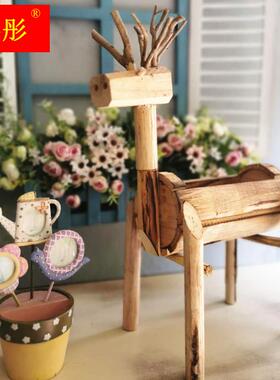 新品实木小鹿摆件创意多肉花盆庭院阳台花园布置S橱窗幼儿园植物