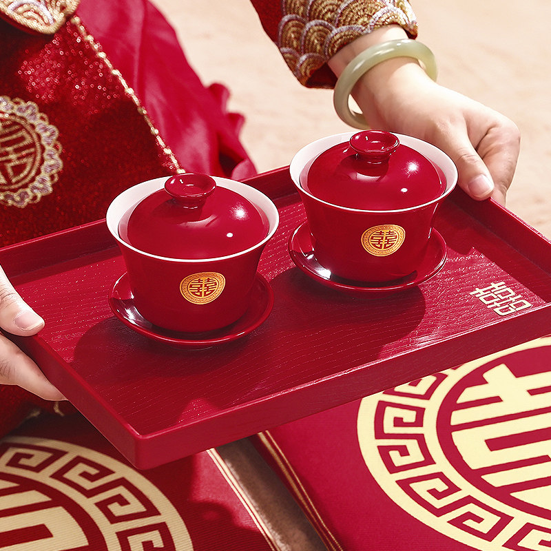 结婚改口敬茶杯套装2024新款婚礼敬酒红色茶具中式喜碗筷勺子一对,淘宝优惠券,粉丝福利购,淘宝优惠卷