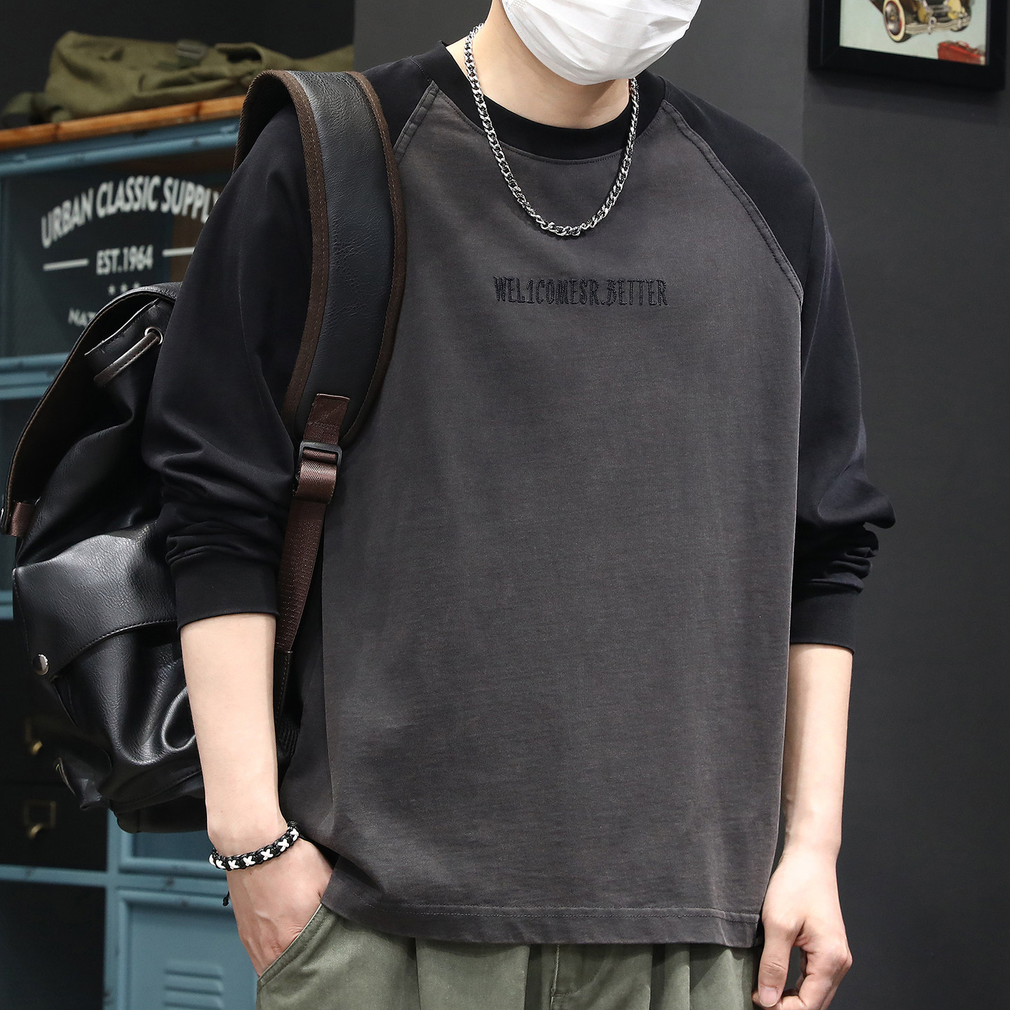 高端美式复古水洗插肩撞色长袖T恤男春季潮牌宽松重磅纯棉打底衫,淘宝优惠券,粉丝福利购,淘宝优惠卷