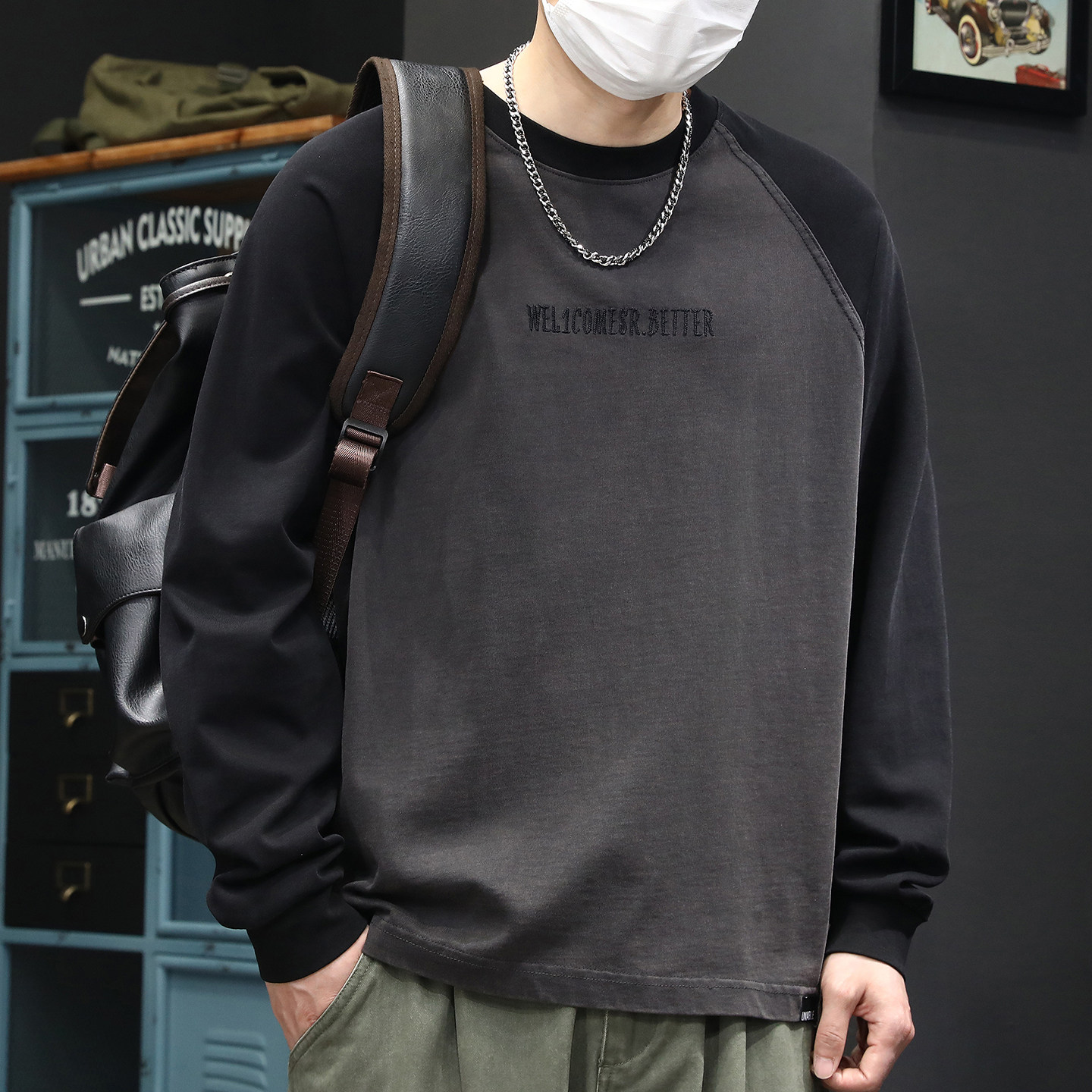 高端美式复古水洗插肩撞色长袖T恤男春季潮牌宽松重磅纯棉打底衫,淘宝优惠券,粉丝福利购,淘宝优惠卷