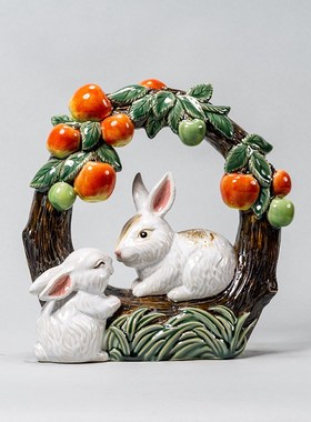 和气兔年新年春节家居客厅装饰摆件石湾公仔陶瓷全手工电视柜桌面