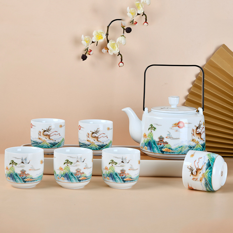 大师艺术高端陶瓷茶具大茶壶大水杯江南水墨画鹿鹤同春提梁壶套装