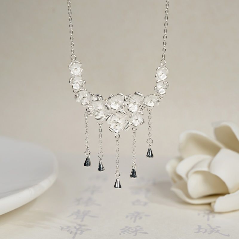 足银990花团锦簇项链手工精致高级流苏梅花女三生花锁骨链爆款
