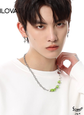 绿色拼接珍珠项链男潮牌百搭简约