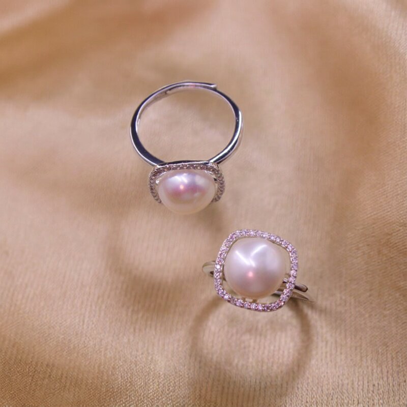 Freshwater pearl open ring 925 silver plated with diamonds