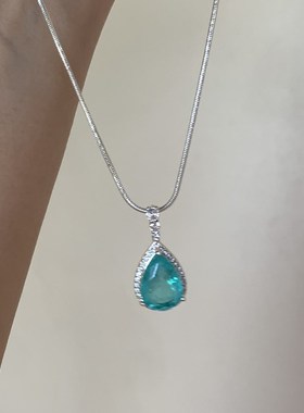 速发「贝加尔湖」ins高级感百搭小众镶钻天然石蓝绿宝石项链/锁骨