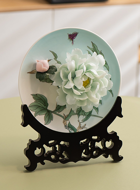 中式家居客厅牡丹花挂盘陶瓷摆件