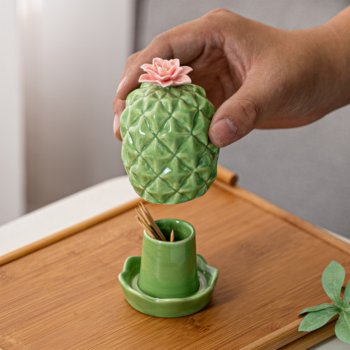 创意仙人掌陶瓷牙签筒家用办公室牙签盒盖子摆台牙签罐酒店牙签盅 - 图2